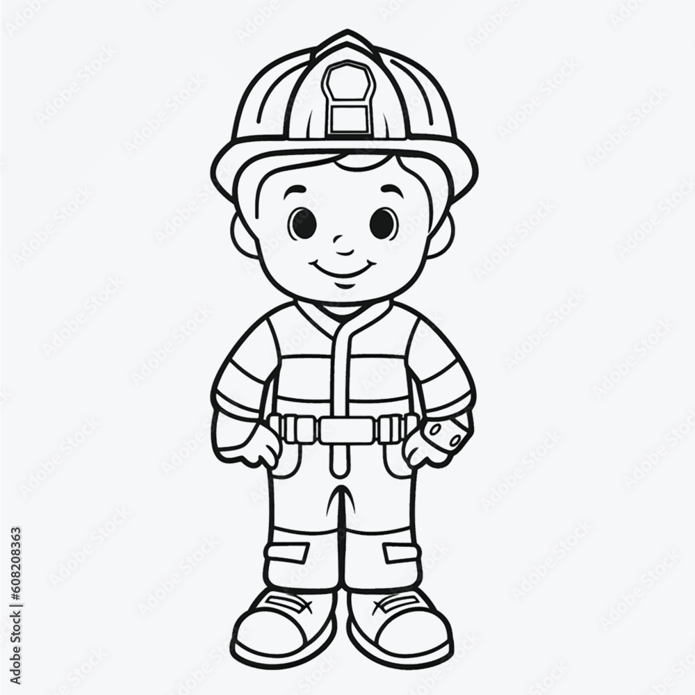 Kids Coloring Page: Beautiful Firefighter with Crisp Lines and Simple Shapes