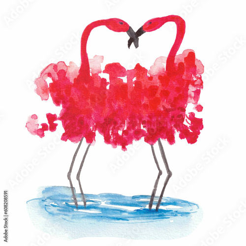 watercolor illustration red flamingos. two flamingos dancing in a splash. © Elena Orlova