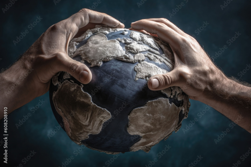 Hands crush the earth globe. Environmental issues. Destroying the Earth. Generative AI Stock