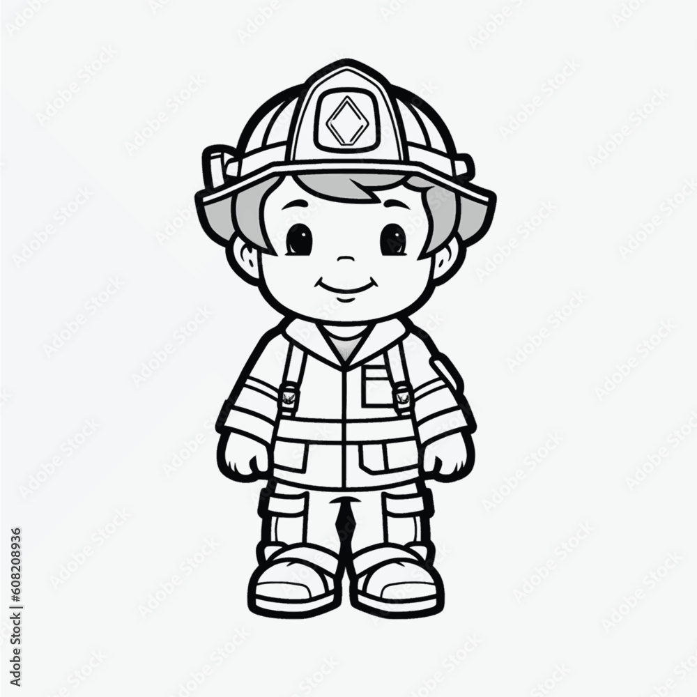 Simple Kids Coloring Page: Flat Vector Firefighter Illustration