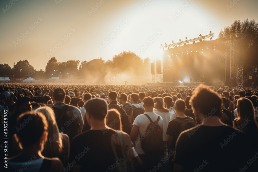 Crowd at a open air concert. People celebrating on an summer open air. Generative AI