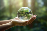 Woman hands holding transparent earth globe over blurred background. Generative AI