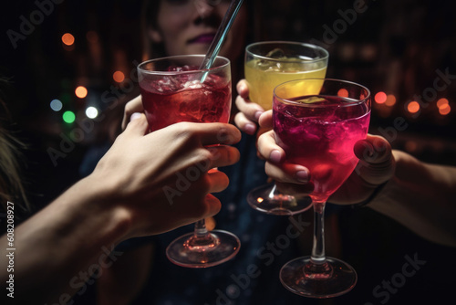 Close up of people cheering cocktails in a bar. Cheerful friends clinking glasses. Generative AI