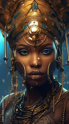 Hübsche Afrikanische Frau mit Ägyptischen Kopfschmuck und großen Ohrringen, ai generativ © www.freund-foto.de