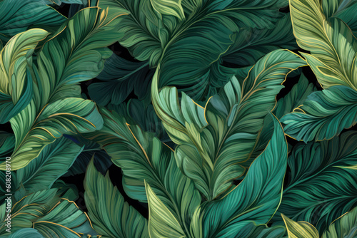 A repeatable pattern of colourful tropical leaves, watercolour. Seamless floral pattern.