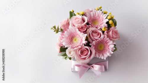 Generative ai illustration of Fresh bouquet of flowers with pink gift box © pbombaert