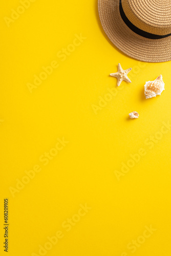 Dive into the summer season with this vibrant top vertical view flat lay. Discover a sunhat, starfish, seashell on a bright yellow background, with an empty circle for your text or advert