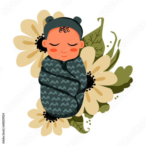 Newborn baby, wrapped in blanket. Little boy. Flowers and leaves. Sleeping infant, swaddled in cloth.  New born child. Vector illustration. 