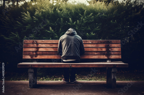 Depressed man sitting at a bench and looking down. Homeless person sitting in park, highlighting their vulnerability and isolation. Ai generated