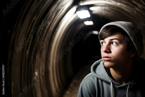 Concerned Teen with Depression in Tunnel. Generative AI photo