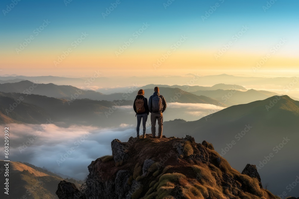 Couple in love on top of a mountain peak. Generative AI 7