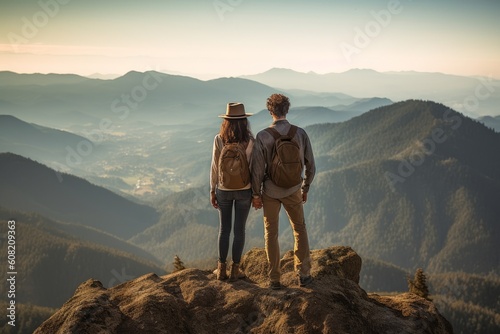 Couple in love on top of a mountain peak. Generative AI 3