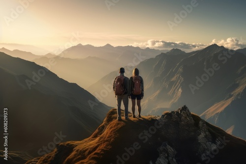 Couple in love on top of a mountain peak. Generative AI 4