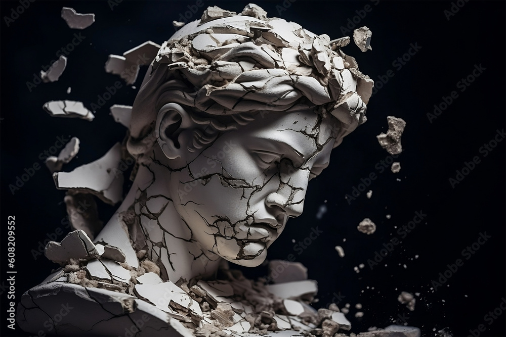 Head of a broken antique Greek statue. Broken marble sculpture, cracked