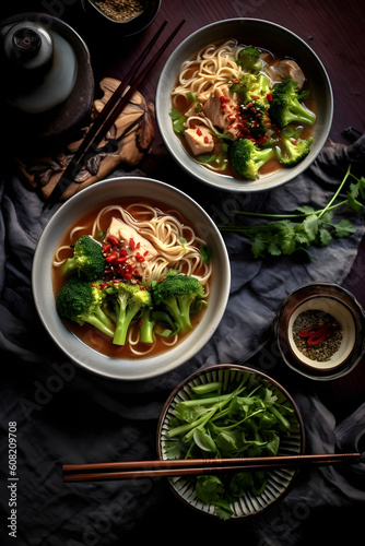 Noodle soup with chicken, chilli and broccoli (Asia), created with Generative AI