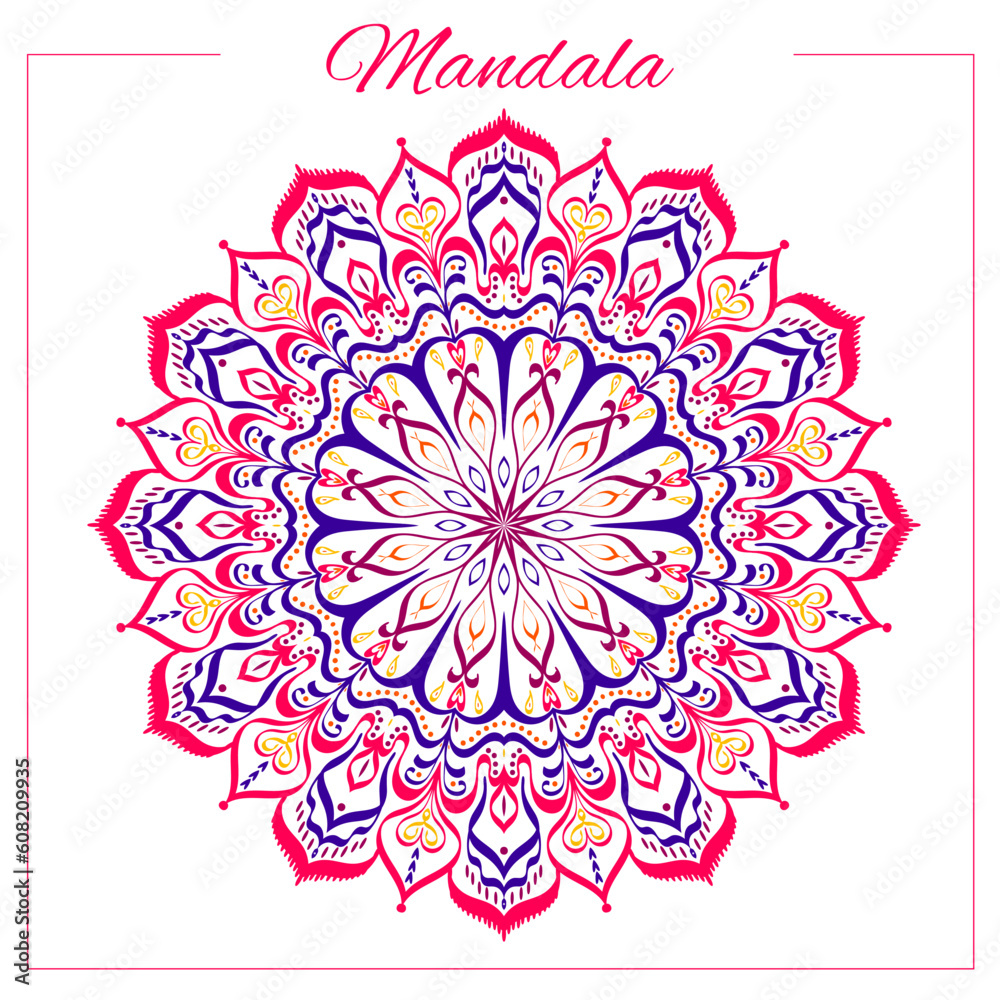 Colorful mandala. Bright oriental circular ornament with red and blue indian motifs. Isolated, vector, editable.