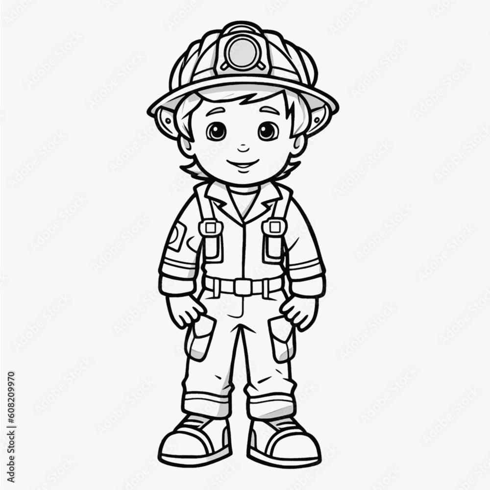 Beautiful Firefighter Coloring Page: Simple Black and White Illustration for Kids Beautiful Firefighter Coloring Page: Simple Black and White Illustration for Kids