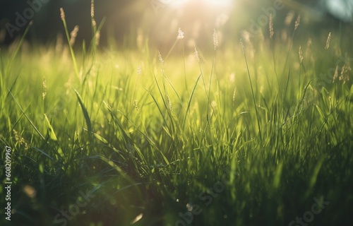 green grass nature field closeup backlit by golden sunlight with sun rays natural Generative AI