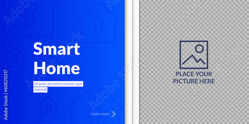 Blue futuristic banner depicting a fingerprint security system, electronic smart home technology, digital network security. Place for picture. Icon of the house with lock. Technology background