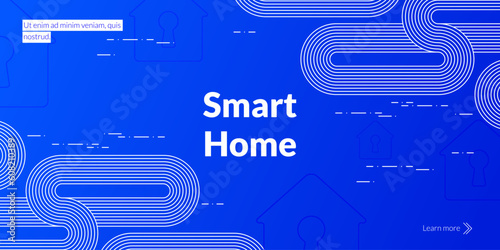 A modern vector blue futuristic banner with a fingerprint security system, electronic smart home technology, digital network protection. House icon. Technological and electronic access to a network