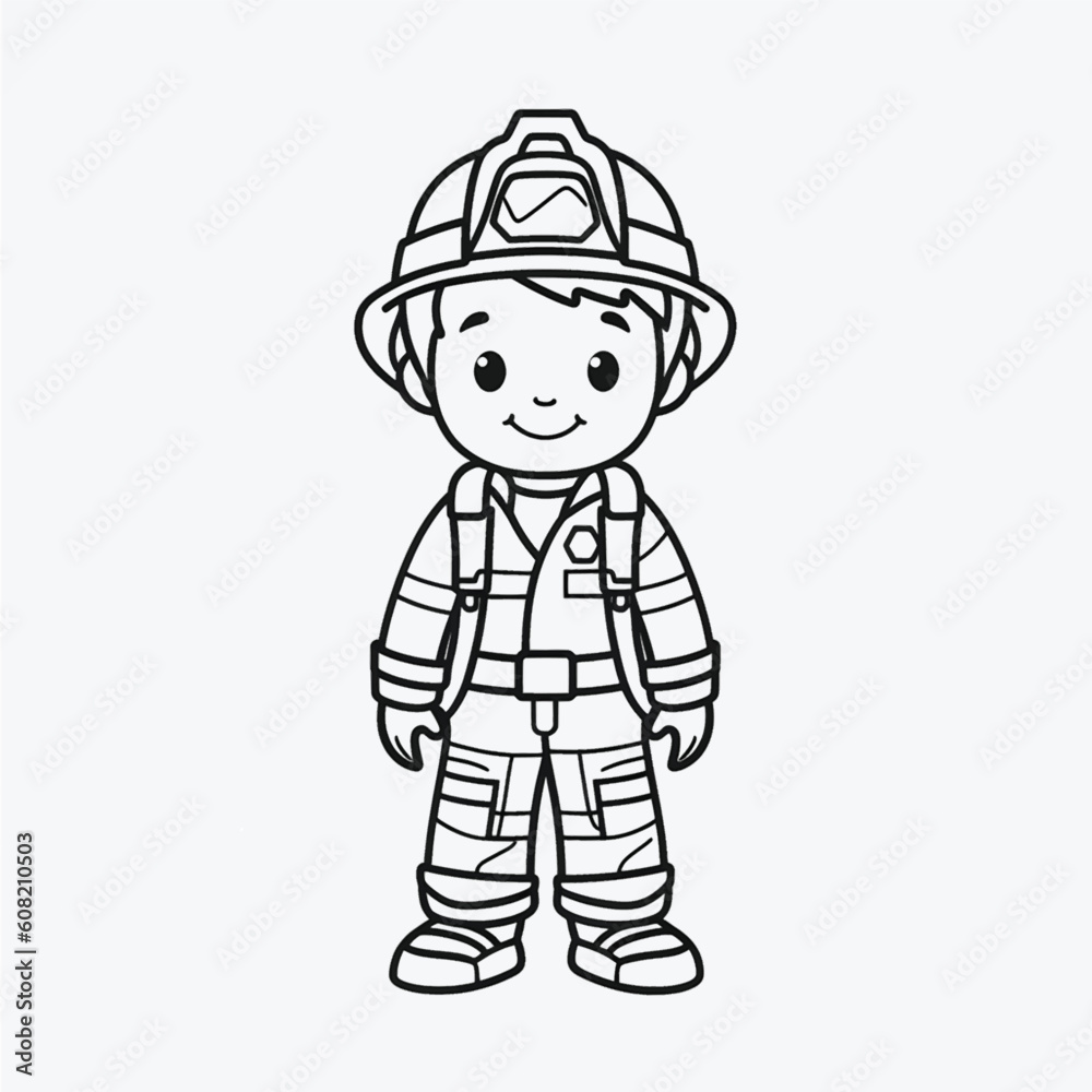 Beautiful Firefighter Coloring Page: Simple Black and White Illustration for Kids Beautiful Firefighter Coloring Page: Simple Black and White Illustration for Kids