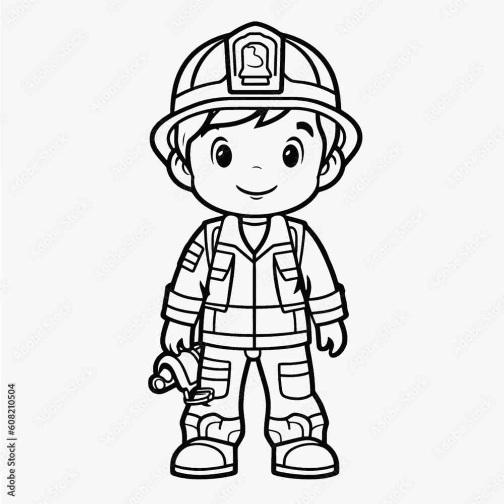 Beautiful Firefighter Coloring Page: Simple Black and White Illustration for Kids Beautiful Firefighter Coloring Page: Simple Black and White Illustration for Kids