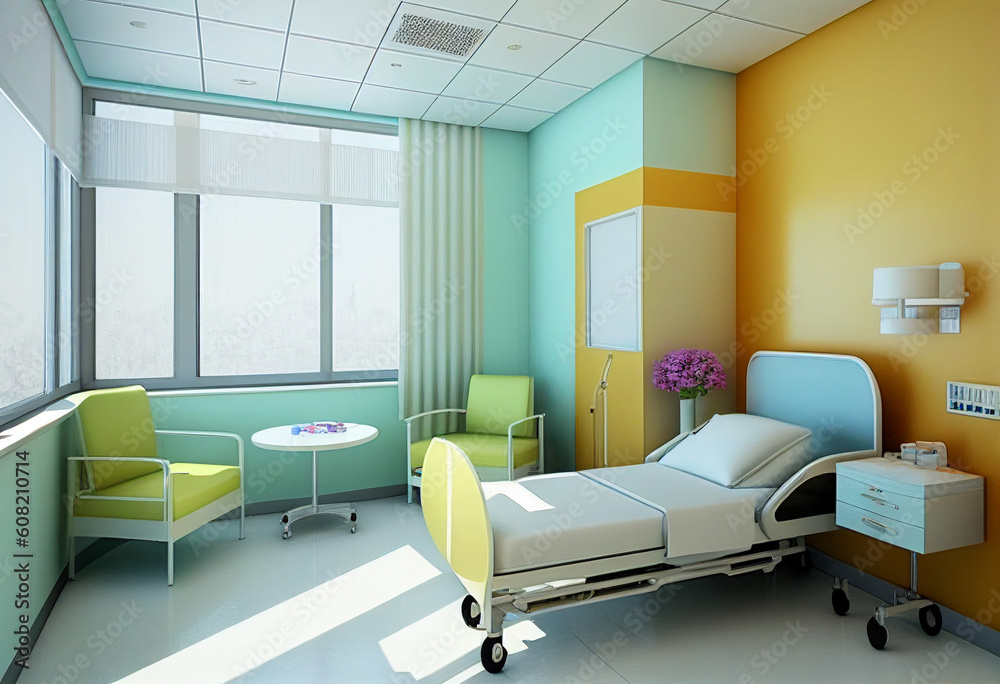 Lonely bed in modern hospital ward in light pastel colors. AI Generated Lonely bed in modern hospital ward in light pastel colors. AI Generated