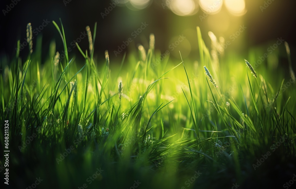 green grass nature field closeup backlit by golden sunlight with sun rays natural Generative AI