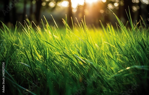 green grass nature field closeup backlit by golden sunlight with sun rays natural Generative AI