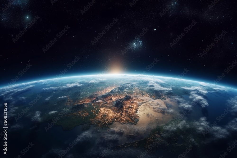 Nightly planet Earth in dark outer space. Generative AI Nightly planet Earth in dark outer space. Generative AI