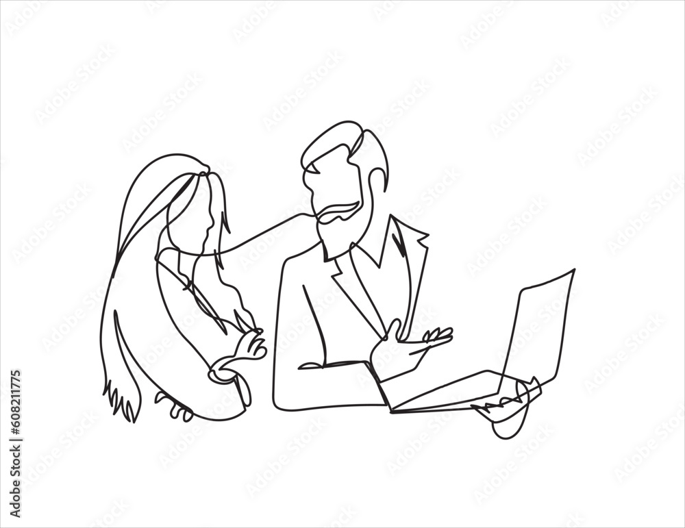 Continuous one line drawing businessman and woman having a discussion business activities Continuous one line drawing businessman and woman having a discussion business activities