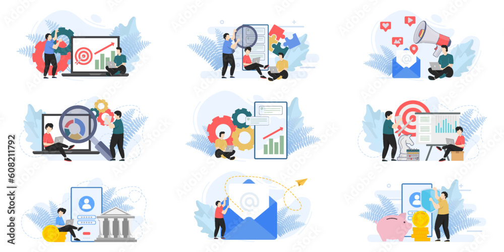 Set of web page design templates for business management, Email Marketing. team building, team building web page composition with people characters. Modern vector illustration concepts