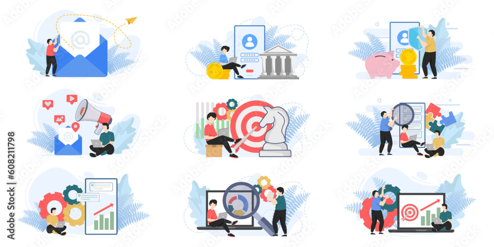 Fototapeta premium Set of web page design templates for business management, Email Marketing. team building, team building web page composition with people characters. Modern vector illustration concepts