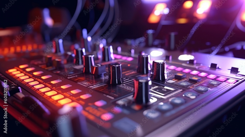 Sound panel for working in the studio and on TV projects. Close-up of the Mixing console. mixing knobs. mix musical tracks on techno party in night club. blurred concept, Generative AI illustration Sound panel for working in the studio and on TV projects. Close-up of the Mixing console. mixing knobs. mix musical tracks on techno party in night club. blurred concept, Generative AI illustration