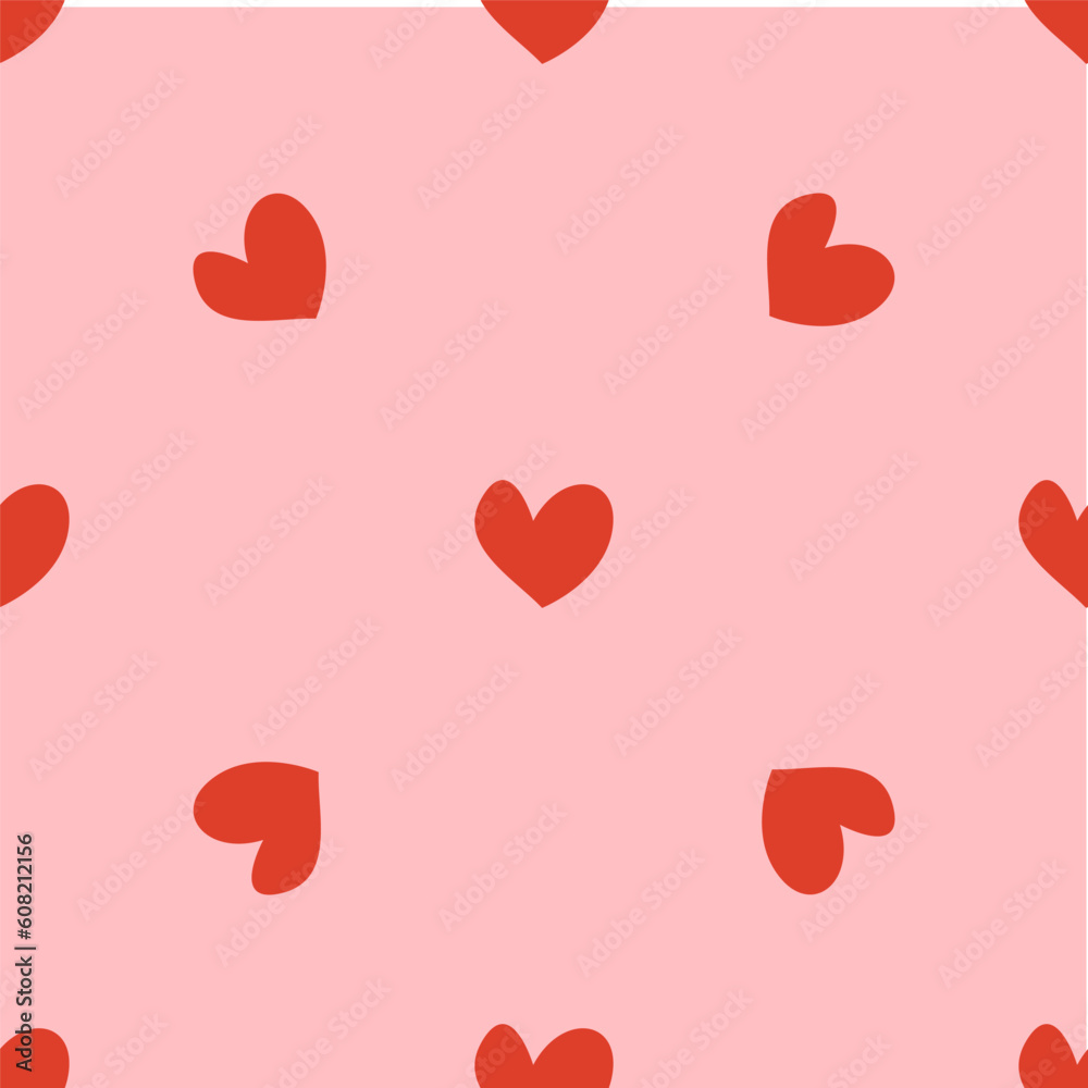 Seamless pattern with red hearts on pink background