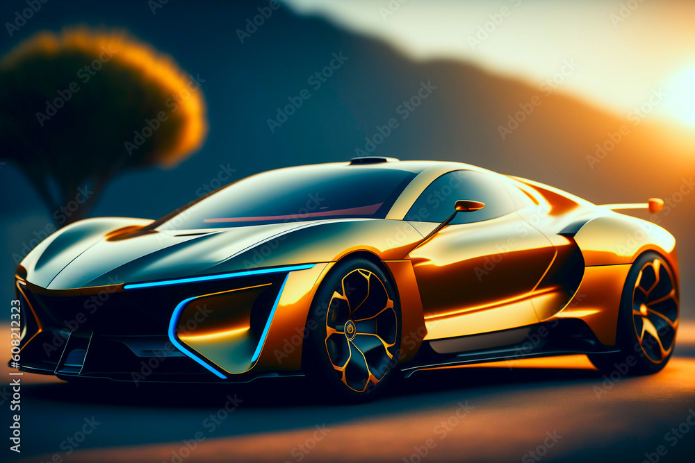 An electric futuristic sports car stands in the background of sunset mountain. one golden, yellow Luxury car at sunset (non-existent car design). vehicle in a sundown , fictional car. generative ai