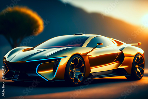An electric futuristic sports car stands in the background of sunset mountain. one golden, yellow Luxury car at sunset (non-existent car design). vehicle in a sundown , fictional car. generative ai © Maxim Chuev