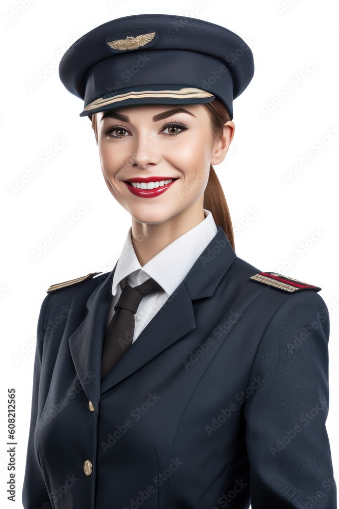 Beautiful and positive female air hostess at work. smiling, isolated on white background, generative AI Beautiful and positive female air hostess at work. smiling, isolated on white background, generative AI