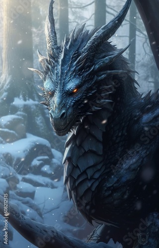 3D handsome cute black dragon in the snowy forest. High quality 3D render of a cute black dragon