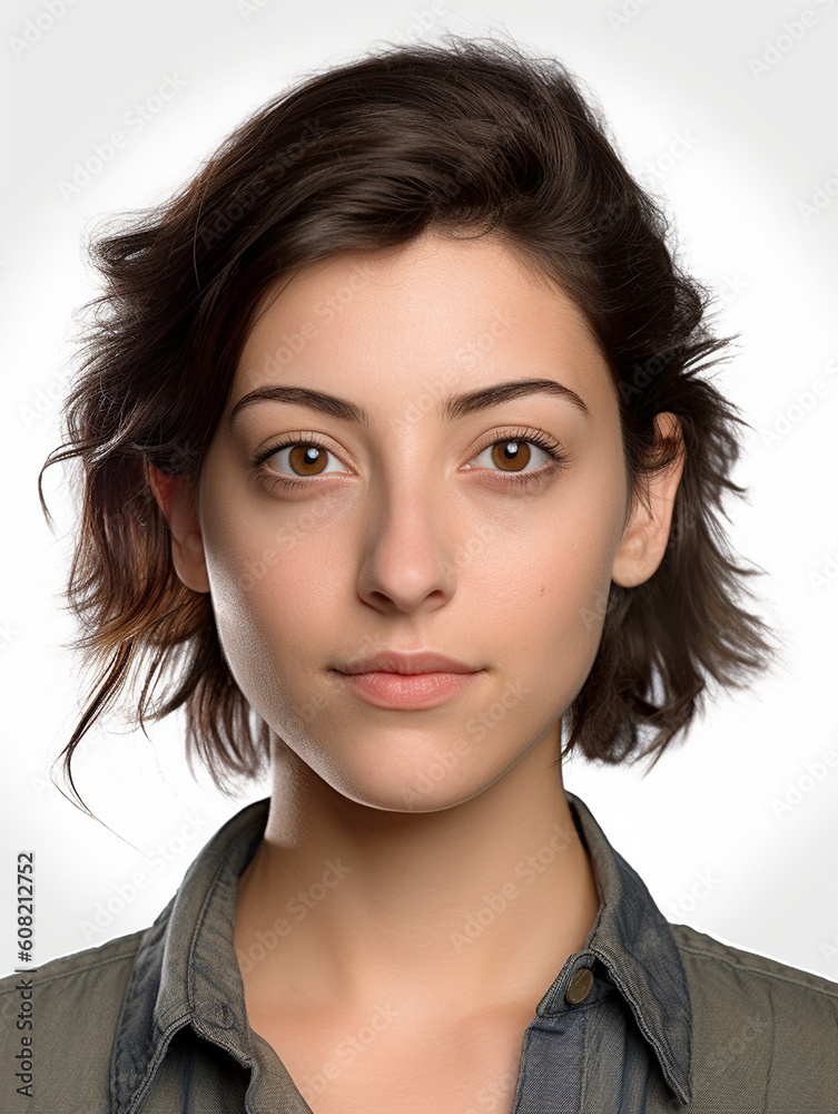Passbild biometrisch Gesicht Frau mit neutralem Hintergrund, ai generativ Passbild biometrisch Gesicht Frau mit neutralem Hintergrund, ai generativ