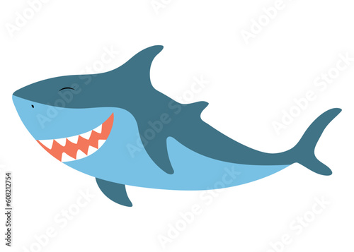 Cute vector shark isolated on white background. Cartoon sea animal. Smiling funny fish. Kids illustration