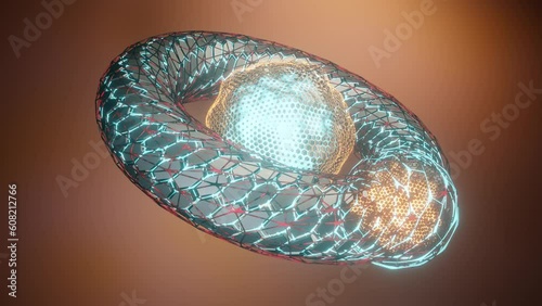 Loop abstract 3d animation of a futuristic torus, mesh rings and hexagonal polygons. Glowing rings and fog surround the abstract fantastic figure. Futuristic abstraction.