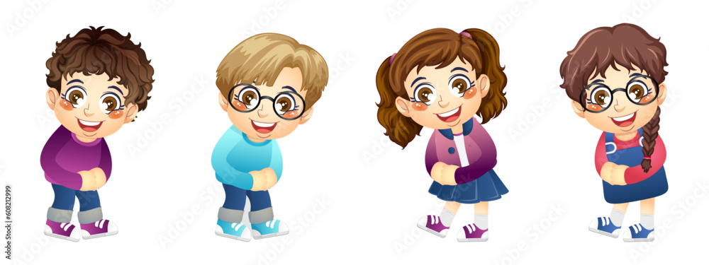Obraz premium Set of a cute boy and girl showing respect with a salute, back to school, education, print, artwork, doodle, vector illustration (Vector)