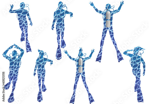 Scuba diver posing silhouette set with water pattern