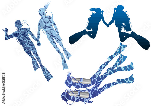 Scuba diver couple silhouette with water pattern