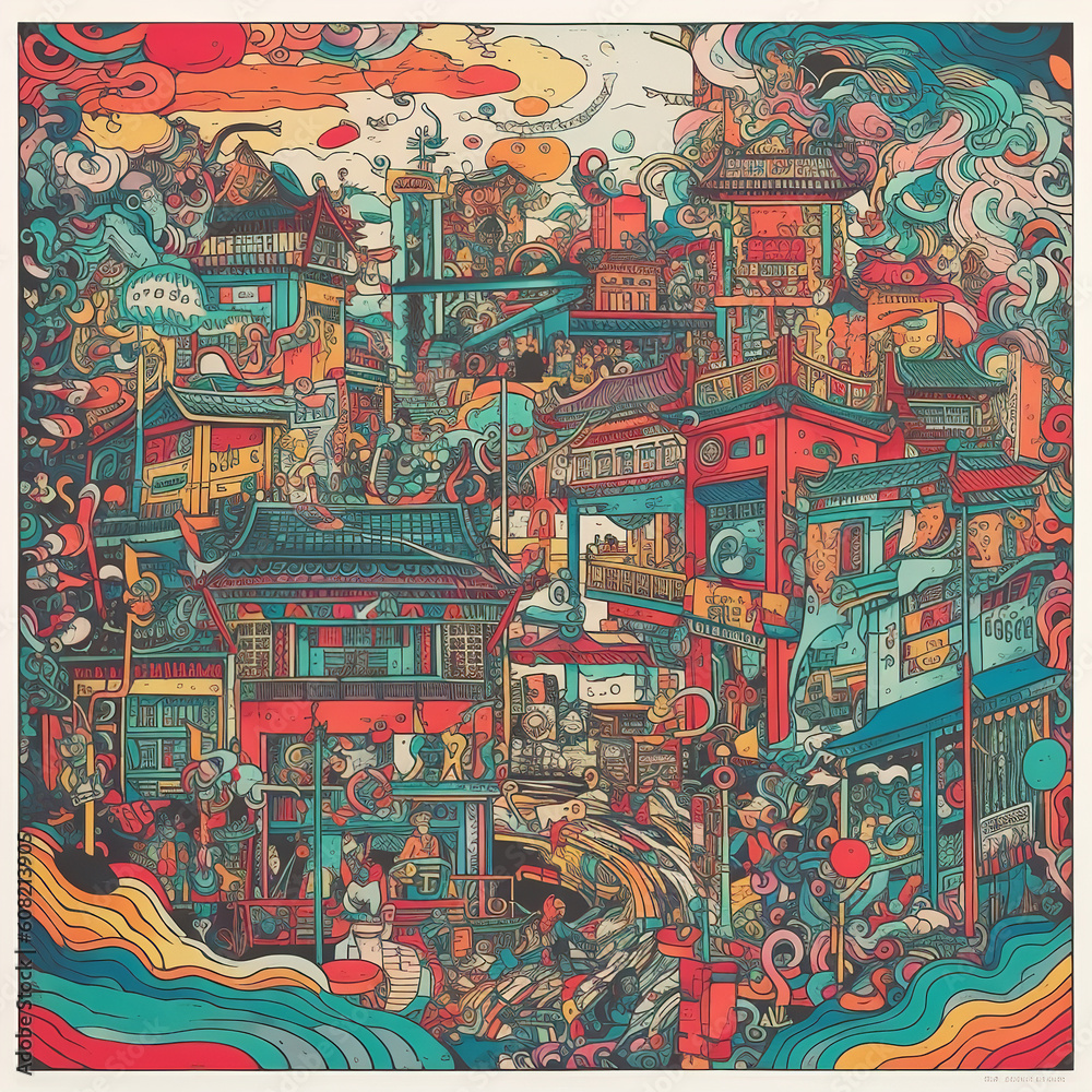 Naklejka premium asian city comic style Generative AI