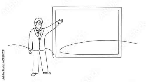 Lector, teacher near blackboard. University, school, education concept illustration. Continuous line drawing.