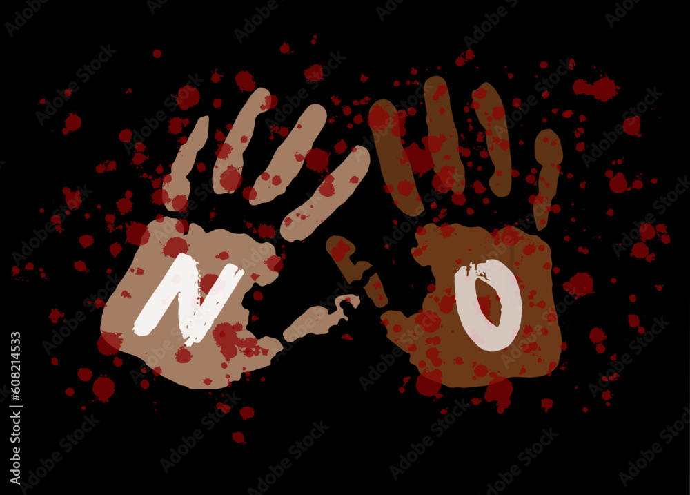 Vecteur Stock Two hands raised looking scared, with word “No” on palms