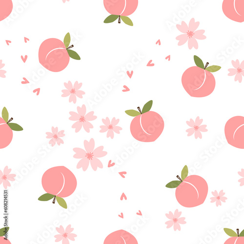 Seamless pattern of pink peach fruit with green leaves and flower on white background vector illustration.