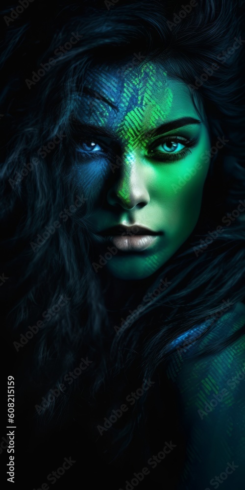 Gorgeous woman with swirled neon green texture. Beautiful illustration picture. Generative AI